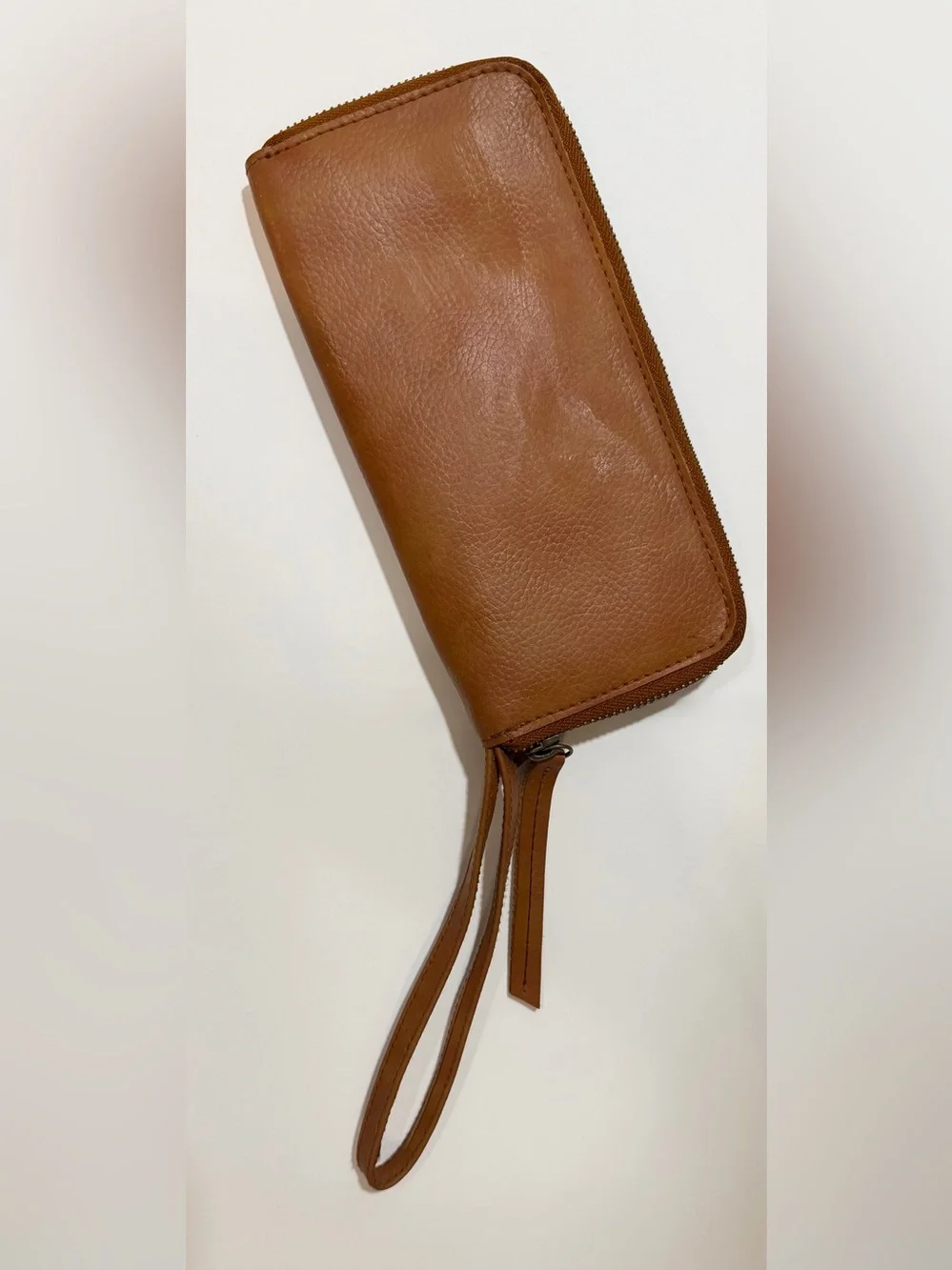 Free People Cognac Leather Zip Around Wristlet Wallet